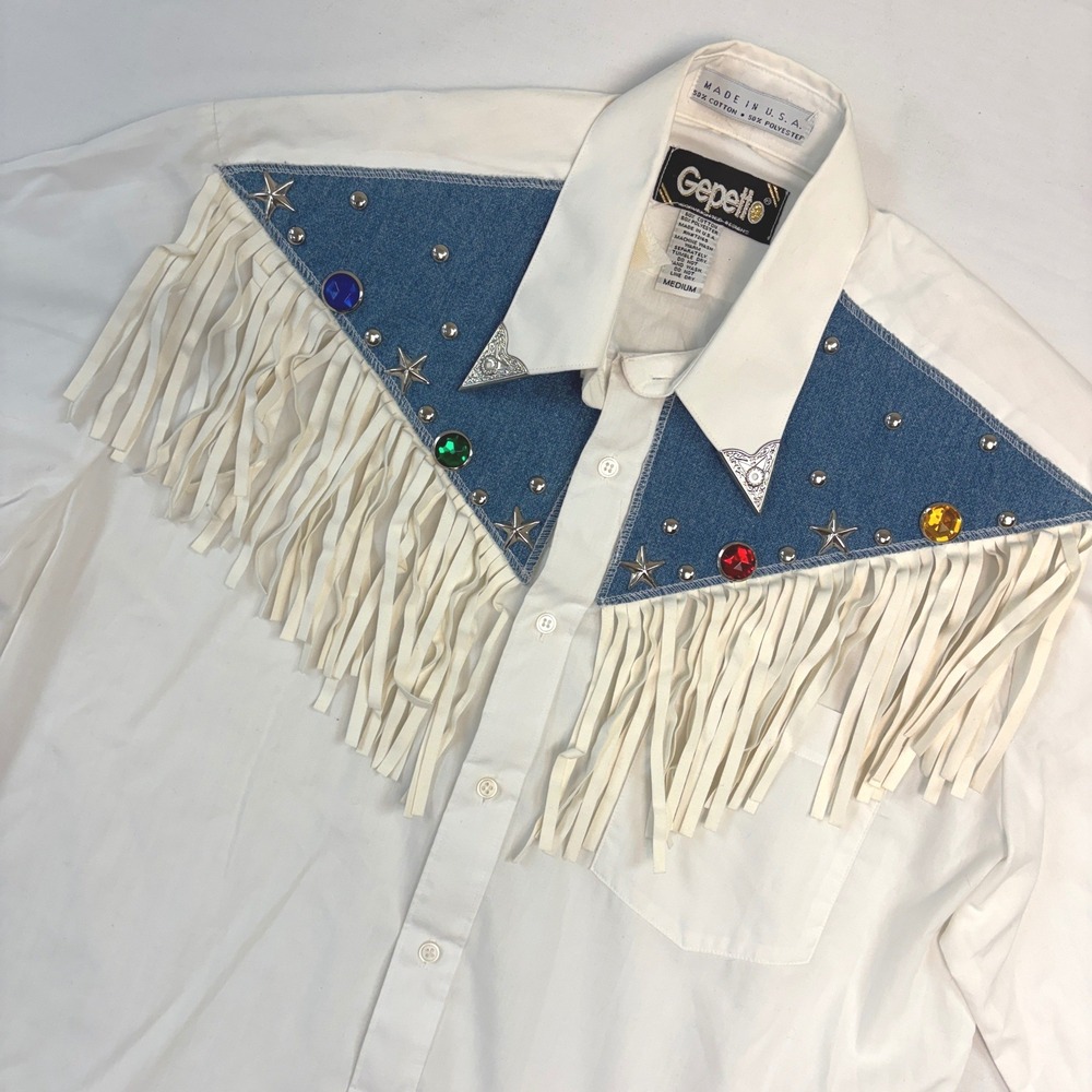 Vintage‎ Gepetto Western Fringe Shirt Denim Yoke Rhinestone White Medium Cowgirl